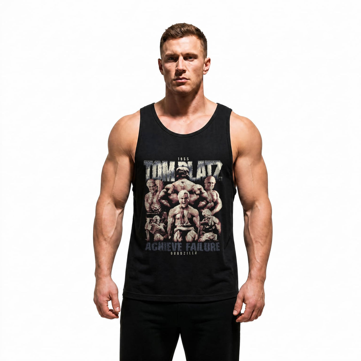 Model wearing Most Natty Achieve Failure Tom Platz bodybuilding tank top showing relaxed standard fit