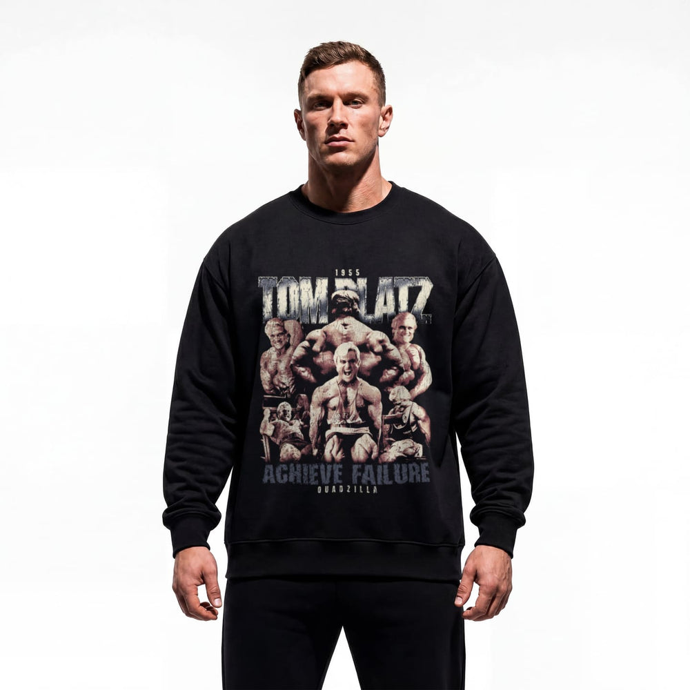 Model wearing Tom Platz Achieve Failure bodybuilding pump cover crewneck showing relaxed fit