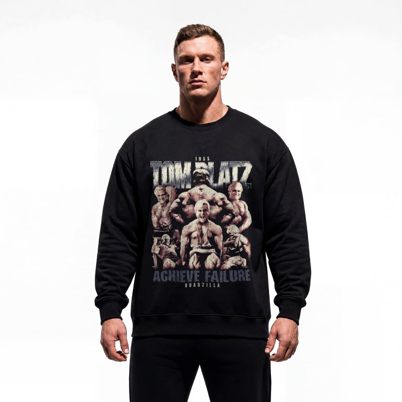 Model wearing Tom Platz Achieve Failure bodybuilding pump cover crewneck showing relaxed fit