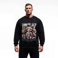 Model wearing Tom Platz Achieve Failure bodybuilding pump cover crewneck showing relaxed fit