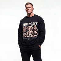 Model wearing Tom Platz Achieve Failure bodybuilding pump cover crewneck showing front graphic print