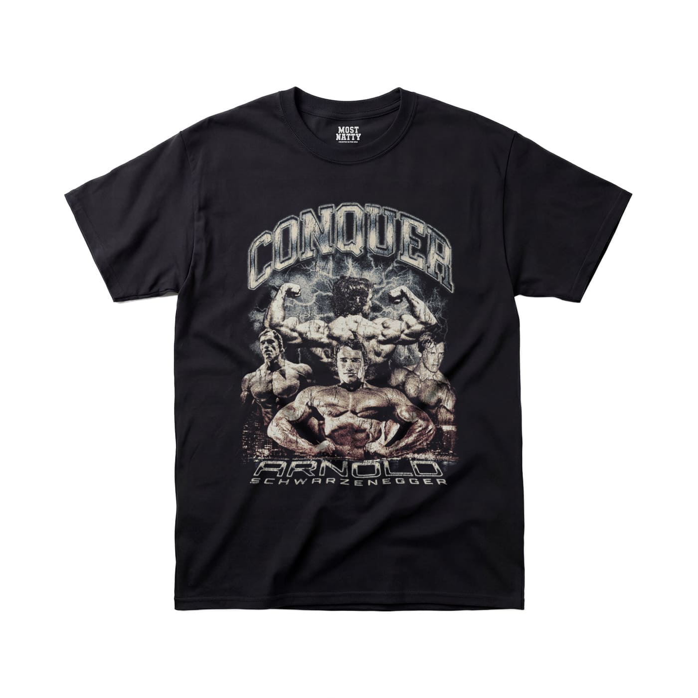 Most Natty Conquer gym t-shirt front flat lay on white background