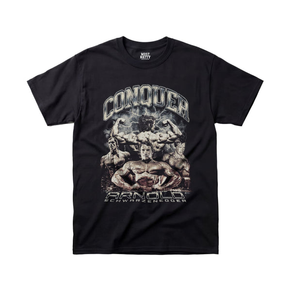 Most Natty Conquer gym t-shirt front flat lay on white background