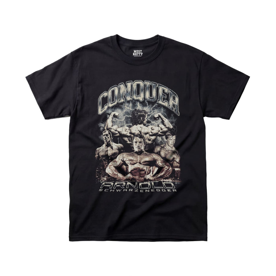Most Natty Conquer gym t-shirt front flat lay on white background