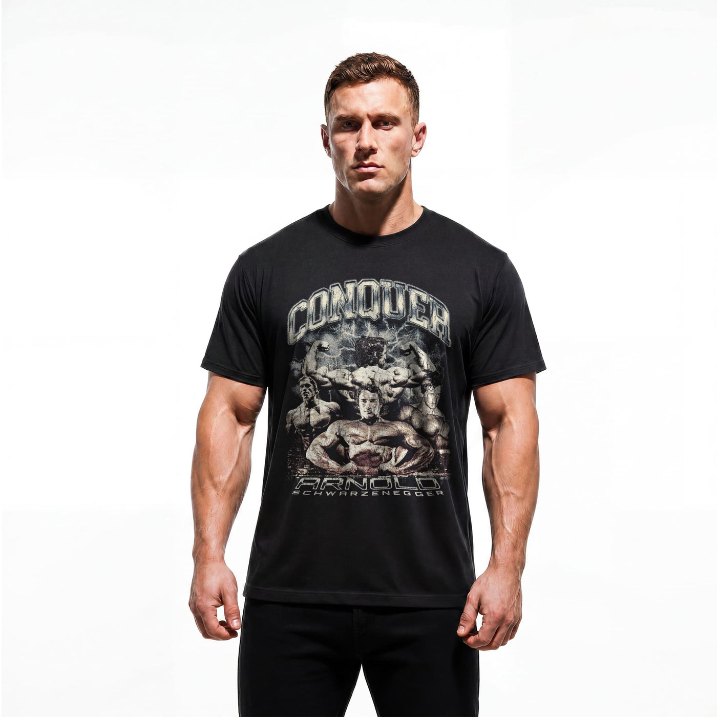 Model wearing Most Natty Conquer bodybuilding t-shirt showing relaxed classic fit