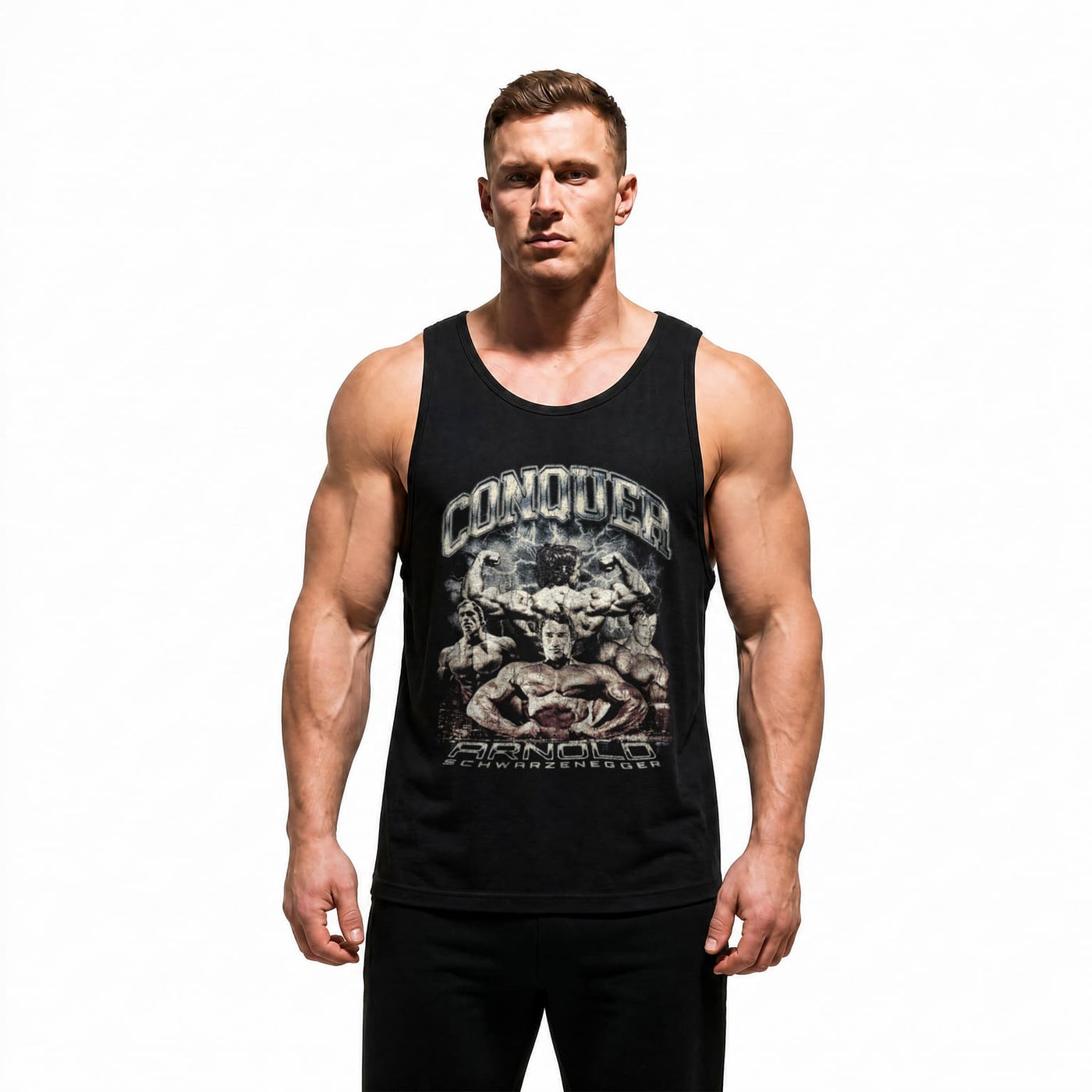Model wearing Most Natty Conquer bodybuilding tank top showing relaxed standard fit