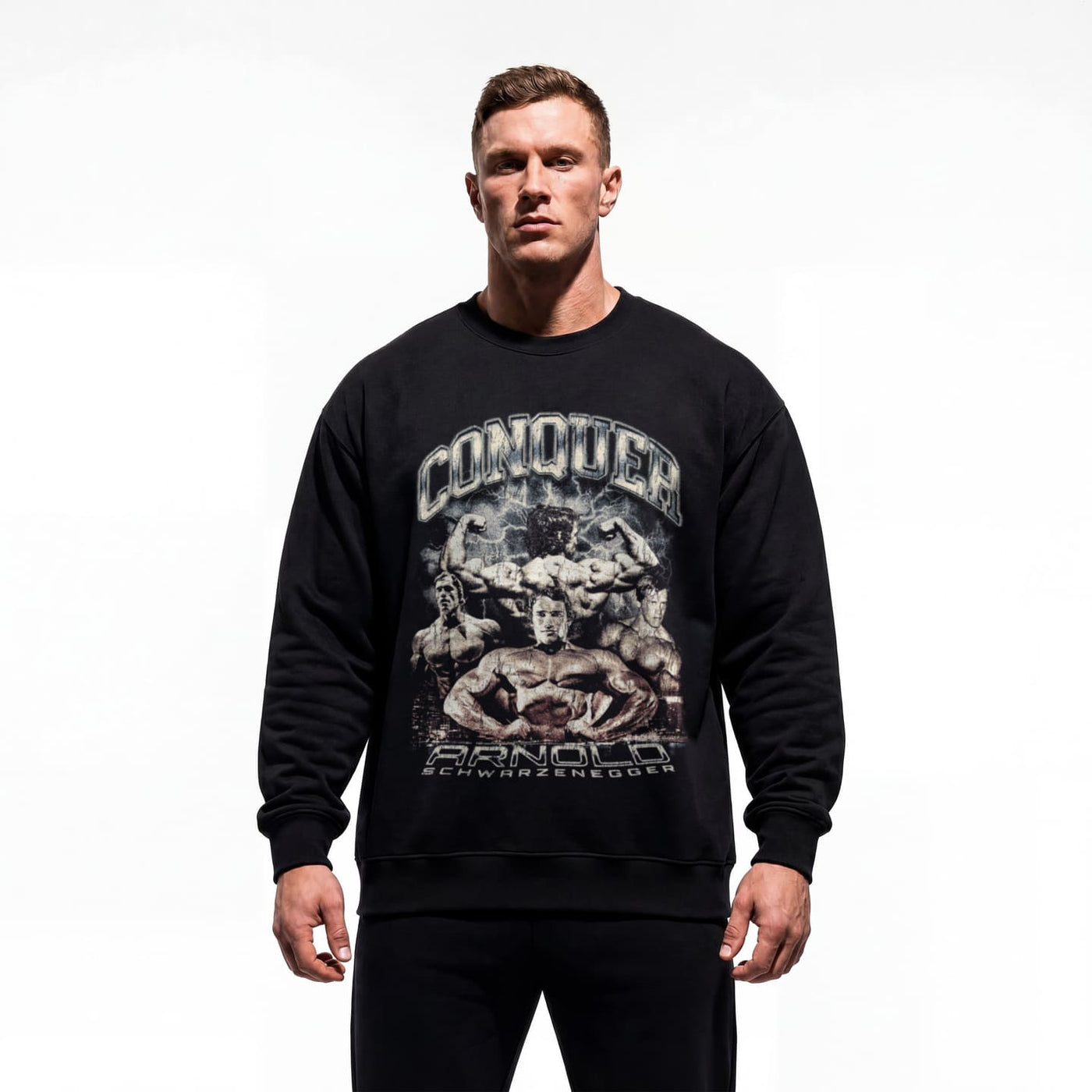 Model wearing Arnold Schwarzenegger Conquer bodybuilding pump cover crewneck showing relaxed fit