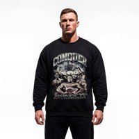 Model wearing Arnold Schwarzenegger Conquer bodybuilding pump cover crewneck showing relaxed fit