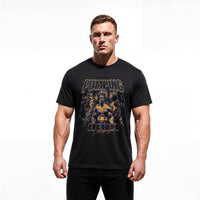 Model wearing Most Natty Pumping Iron bodybuilding t-shirt showing relaxed classic fit