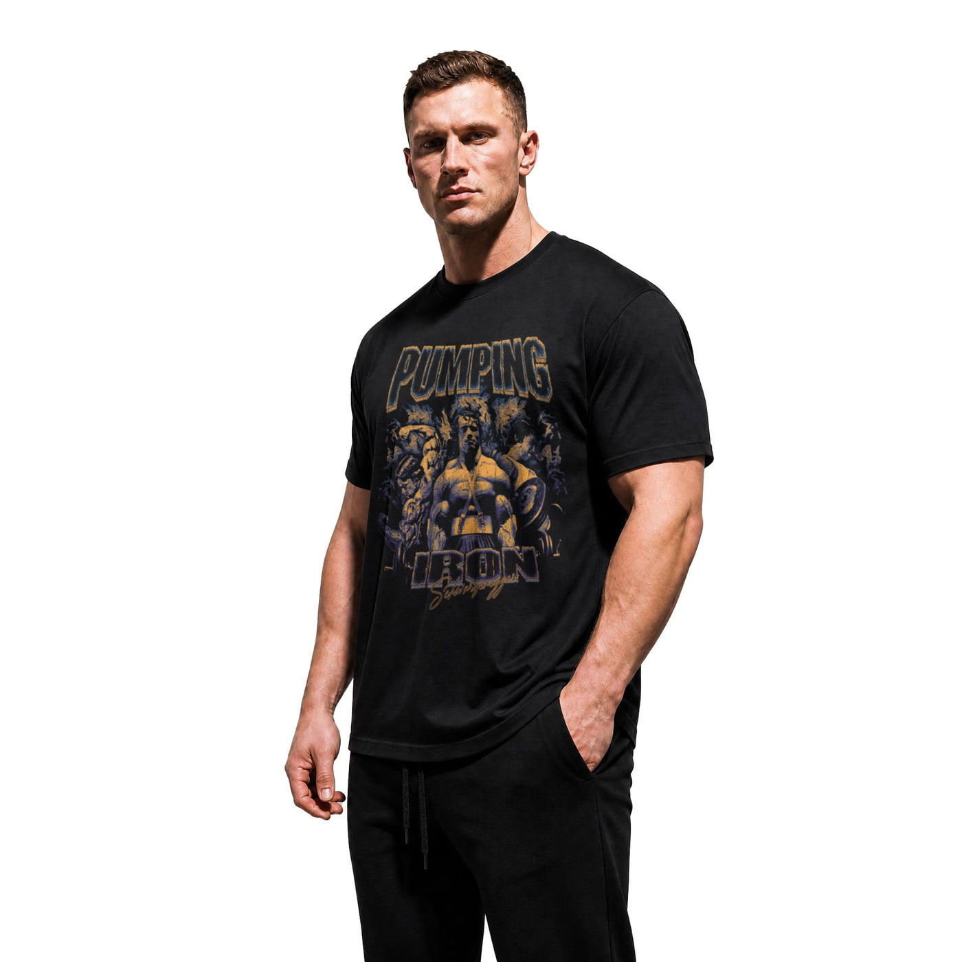 Model wearing Most Natty Pumping Iron bodybuilding t-shirt showing front graphic print