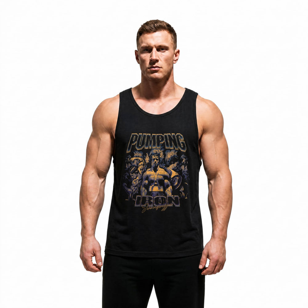 Model wearing Most Natty Pumping Iron bodybuilding tank top showing relaxed standard fit