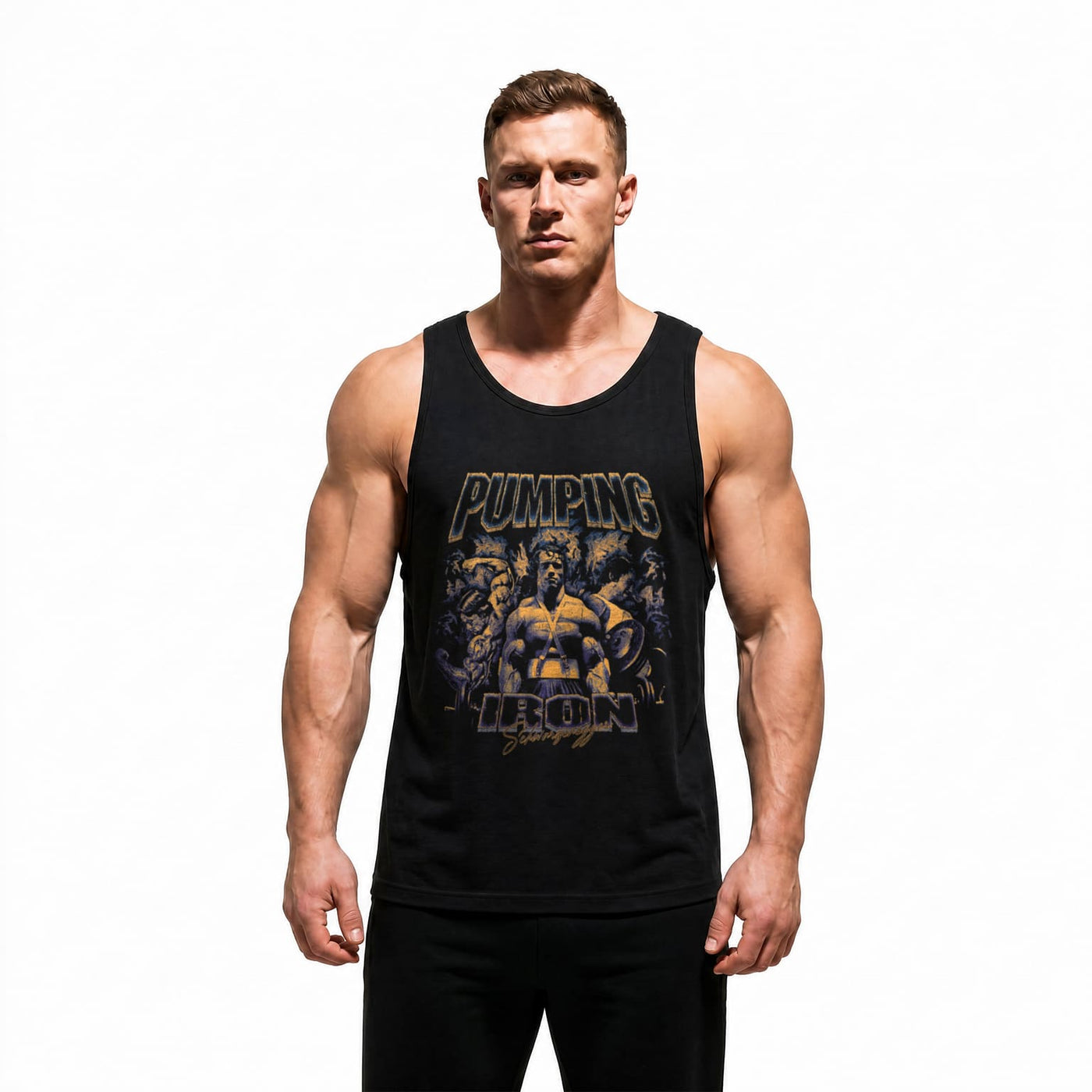 Model wearing Most Natty Pumping Iron bodybuilding tank top showing relaxed standard fit