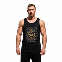 Model wearing Most Natty Pumping Iron bodybuilding tank top showing relaxed standard fit