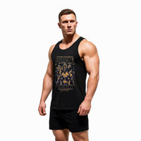 Model wearing Most Natty Pumping Iron bodybuilding tank top showing front graphic print