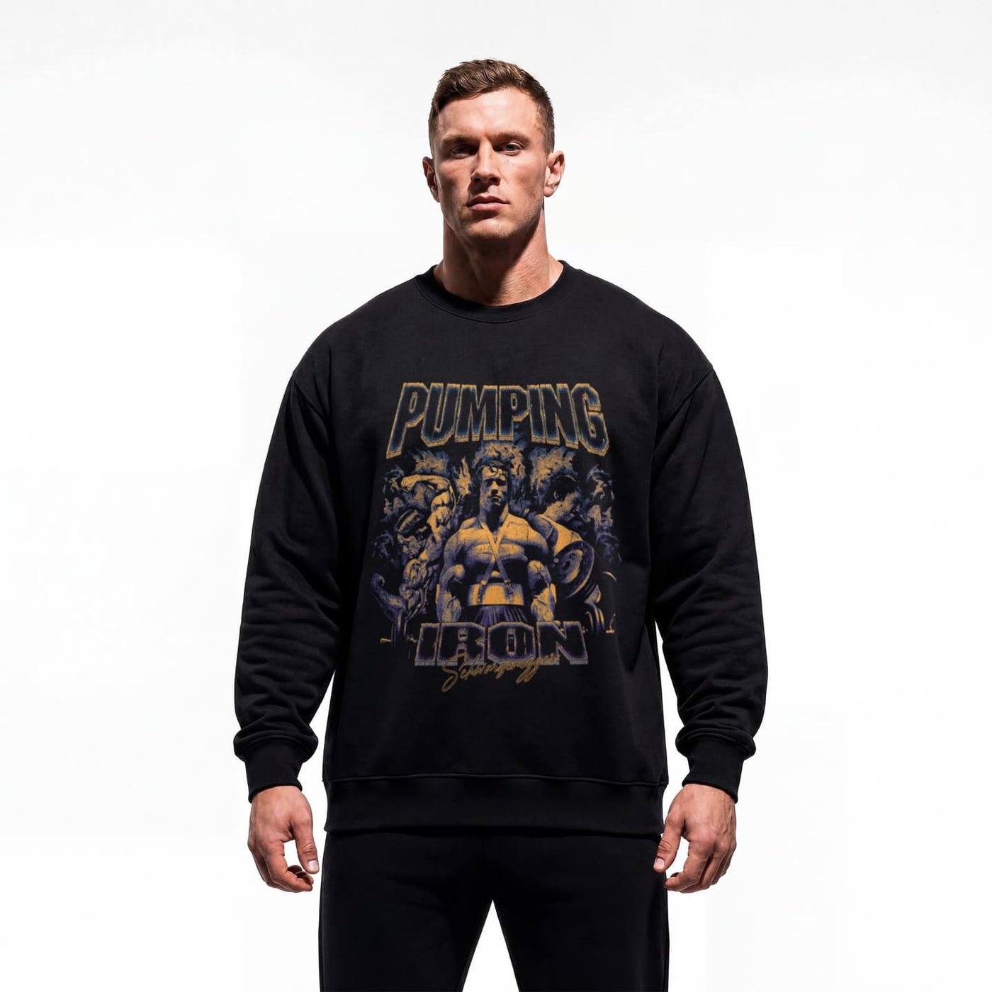 Model wearing Arnold Schwarzenegger Pumping Iron bodybuilding pump cover crewneck showing relaxed fit