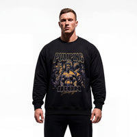 Model wearing Arnold Schwarzenegger Pumping Iron bodybuilding pump cover crewneck showing relaxed fit
