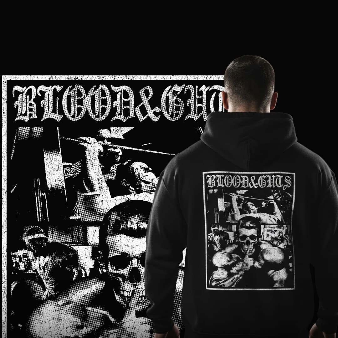 Man wearing 'Blood & Guts' hoodie with Dorian Yates Skull face graphic.