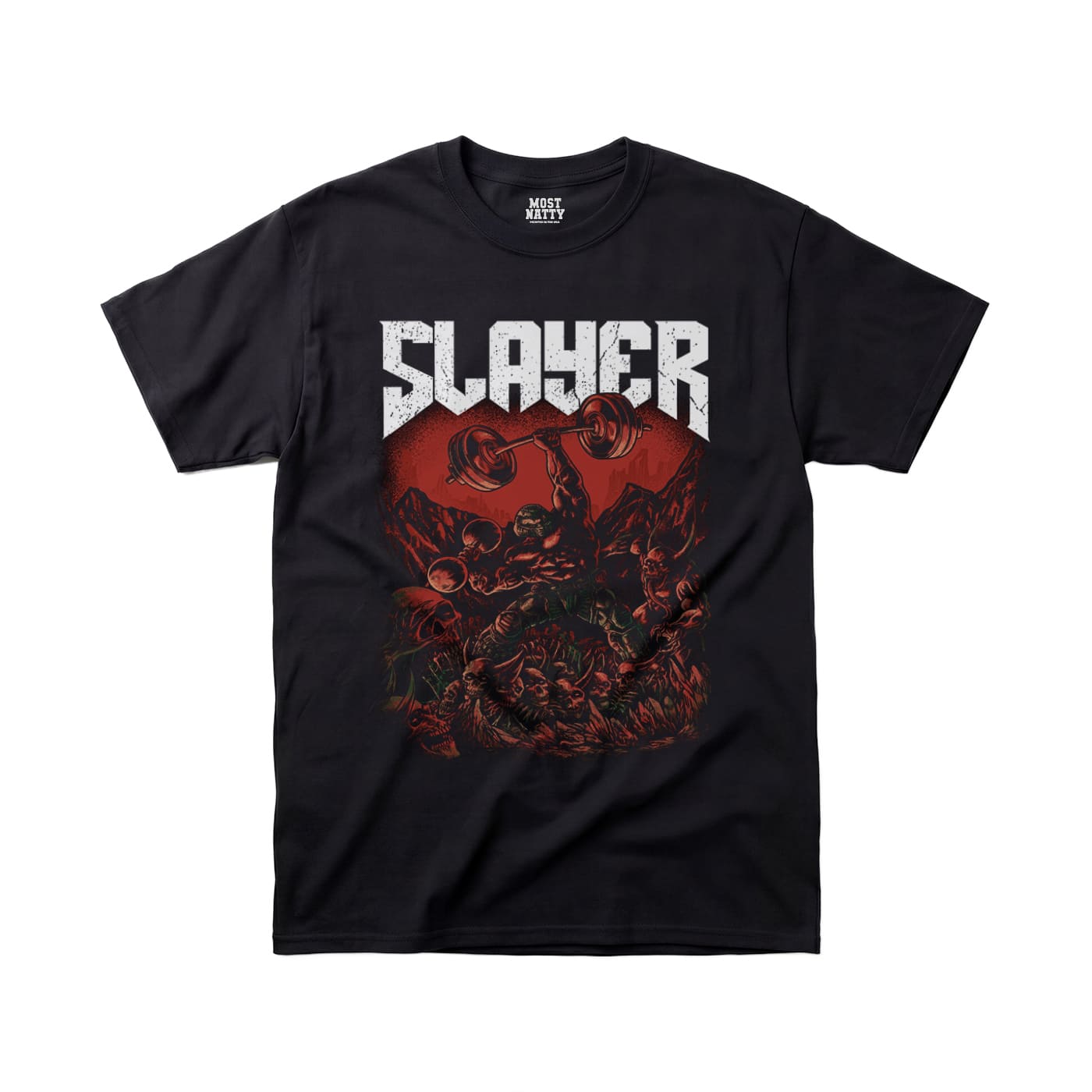 Most Natty Slayer gym t-shirt front flat lay on white background
