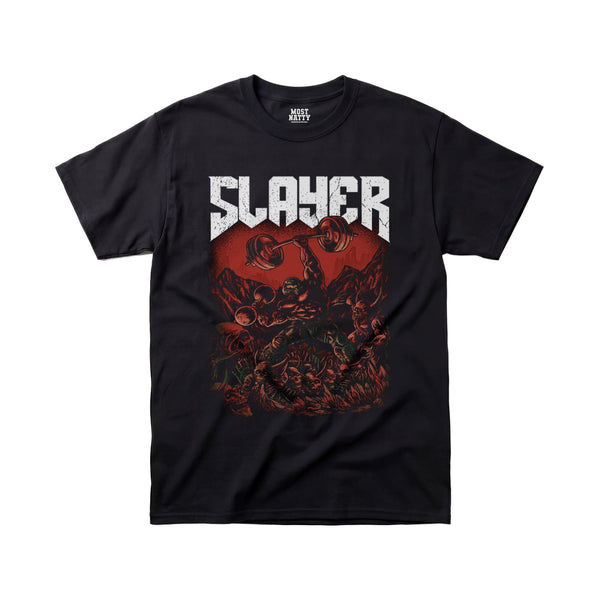 Most Natty Slayer gym t-shirt front flat lay on white background