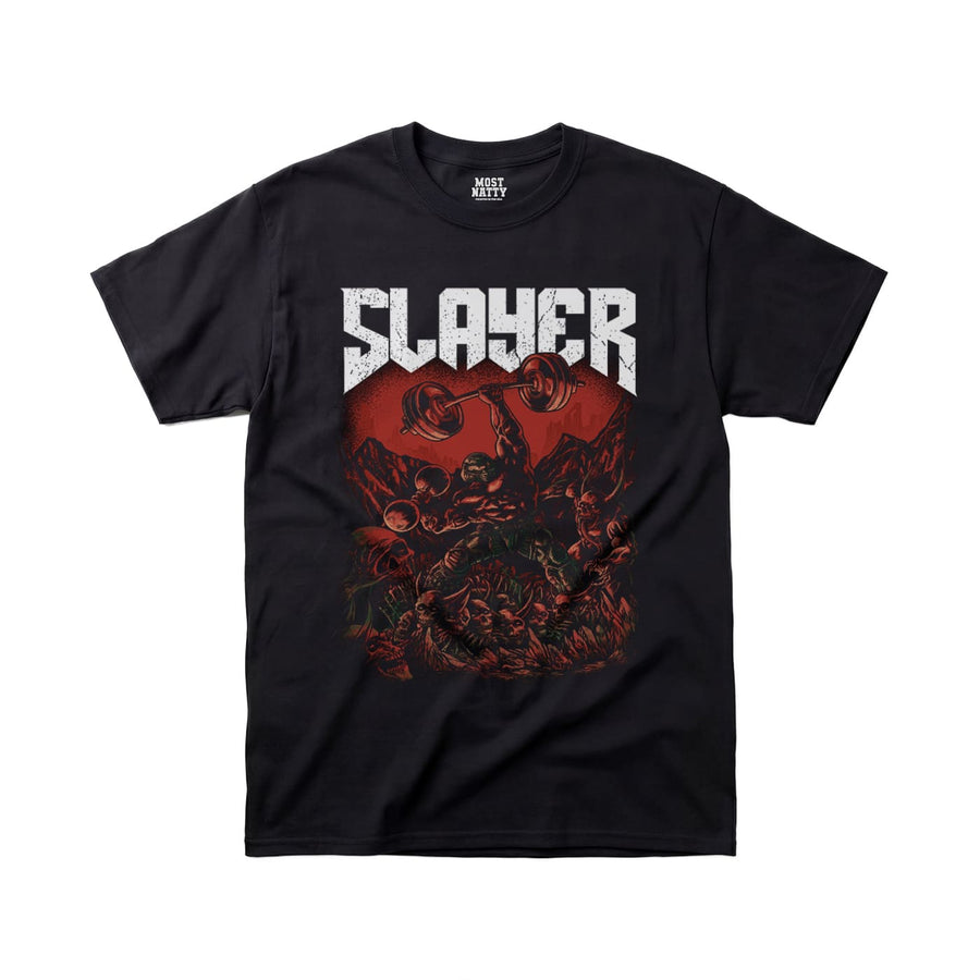 Most Natty Slayer gym t-shirt front flat lay on white background