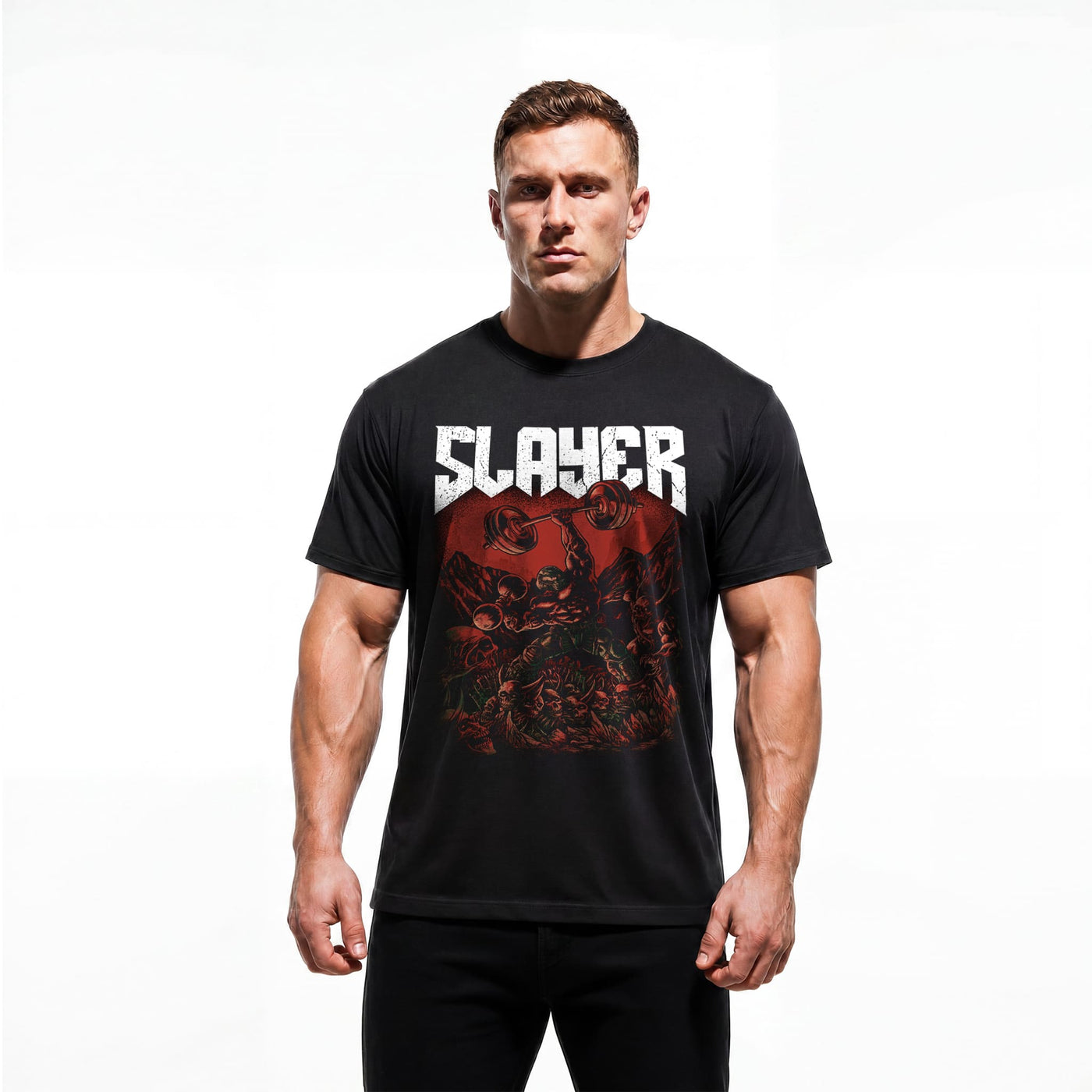 Model wearing Most Natty Slayer bodybuilding t-shirt showing relaxed classic fit