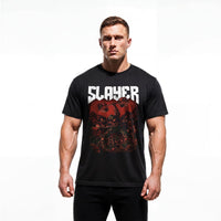 Model wearing Most Natty Slayer bodybuilding t-shirt showing relaxed classic fit