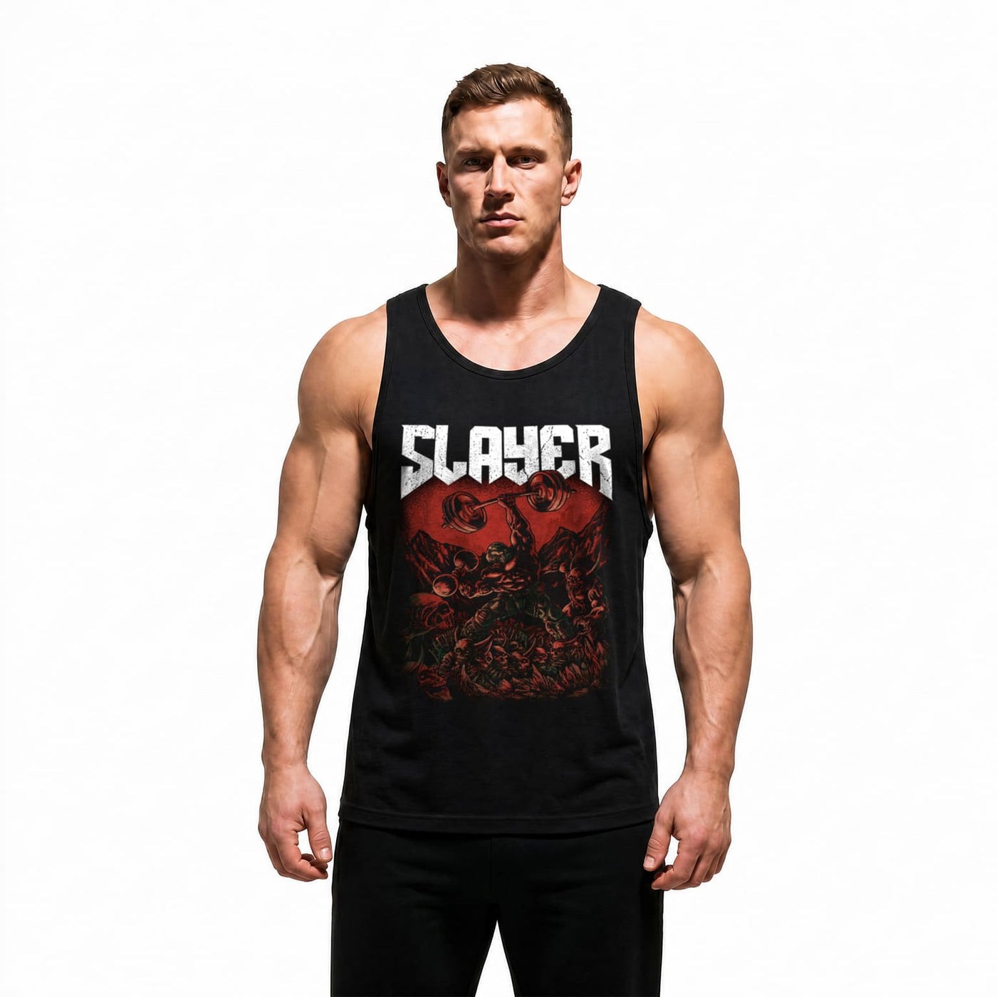 Model wearing Most Natty Slayer bodybuilding tank top showing relaxed standard fit