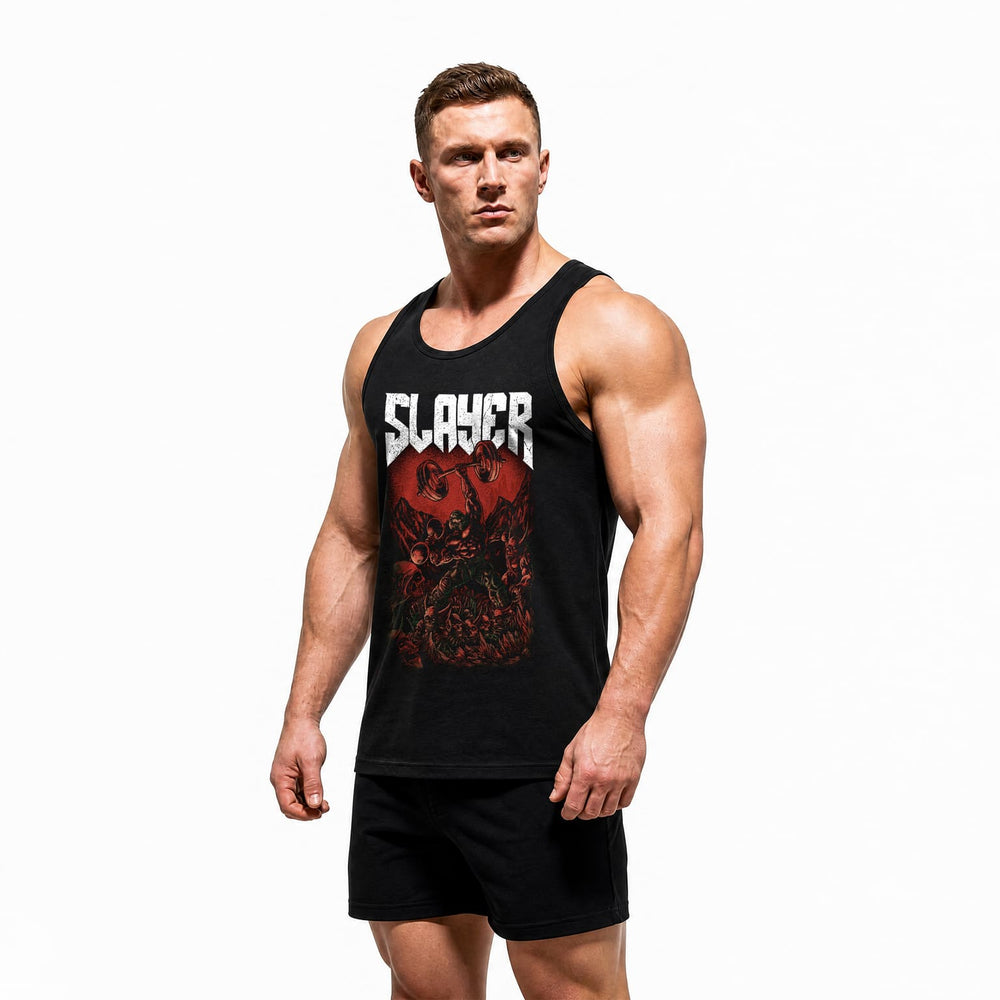Model wearing Most Natty Slayer bodybuilding tank top showing front graphic print