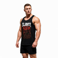 Model wearing Most Natty Slayer bodybuilding tank top showing front graphic print