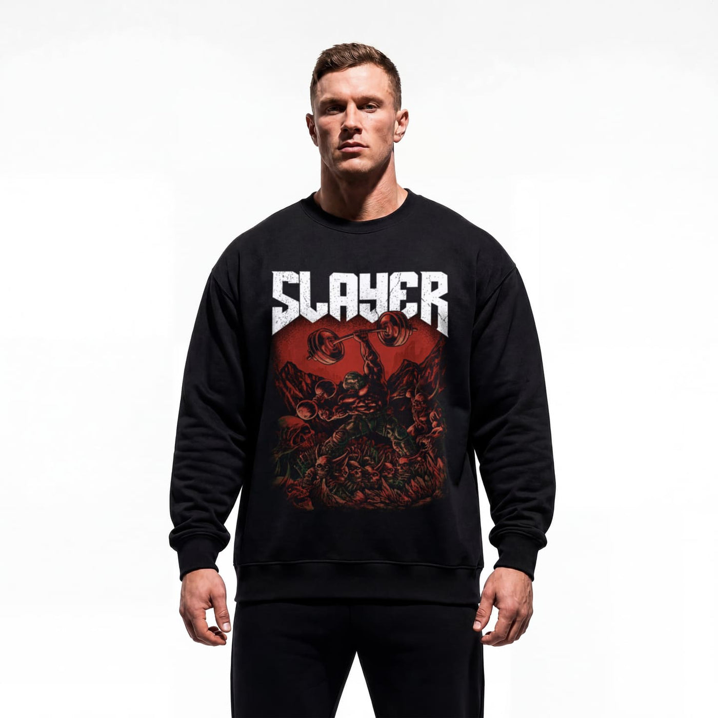 Model wearing Slayer bodybuilding pump cover crewneck showing relaxed fit