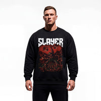 Model wearing Slayer bodybuilding pump cover crewneck showing relaxed fit