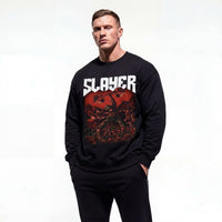 Model wearing Slayer bodybuilding pump cover crewneck showing front graphic print