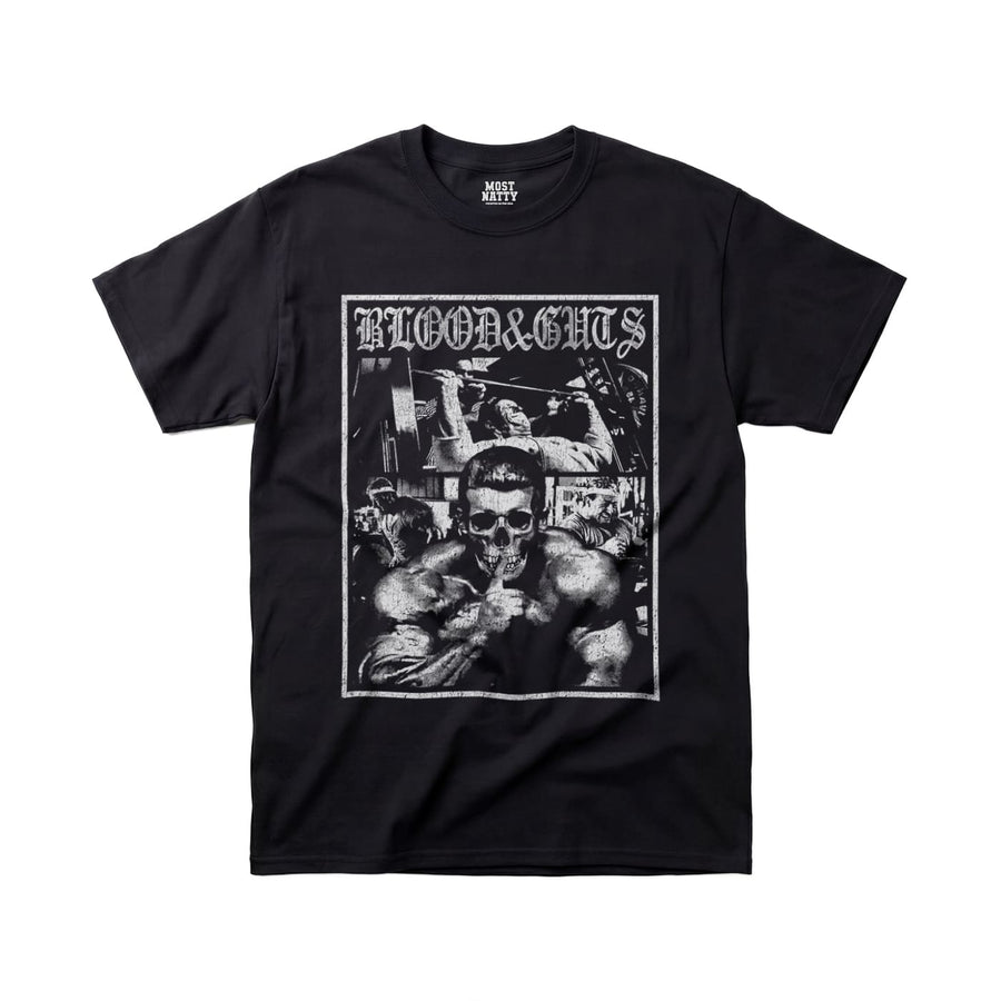 Most Natty Blood and Guts gym t-shirt front flat lay on white background