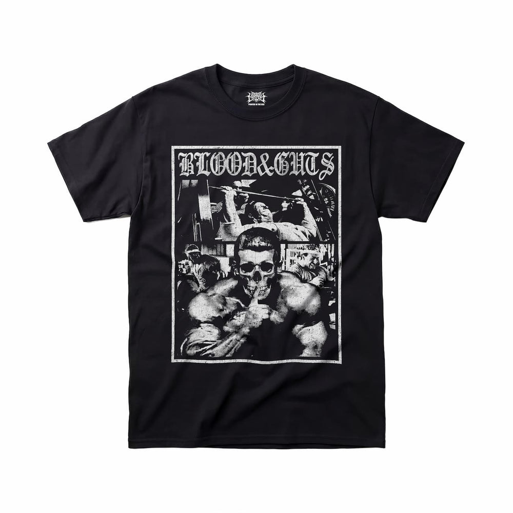 Dorian Yates Blood and Guts gym t-shirt front flat lay on white background