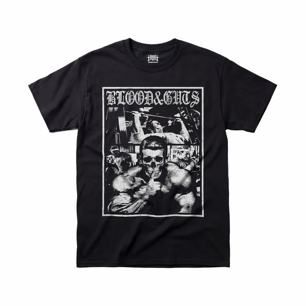 Dorian Yates Blood and Guts gym t-shirt front flat lay on white background