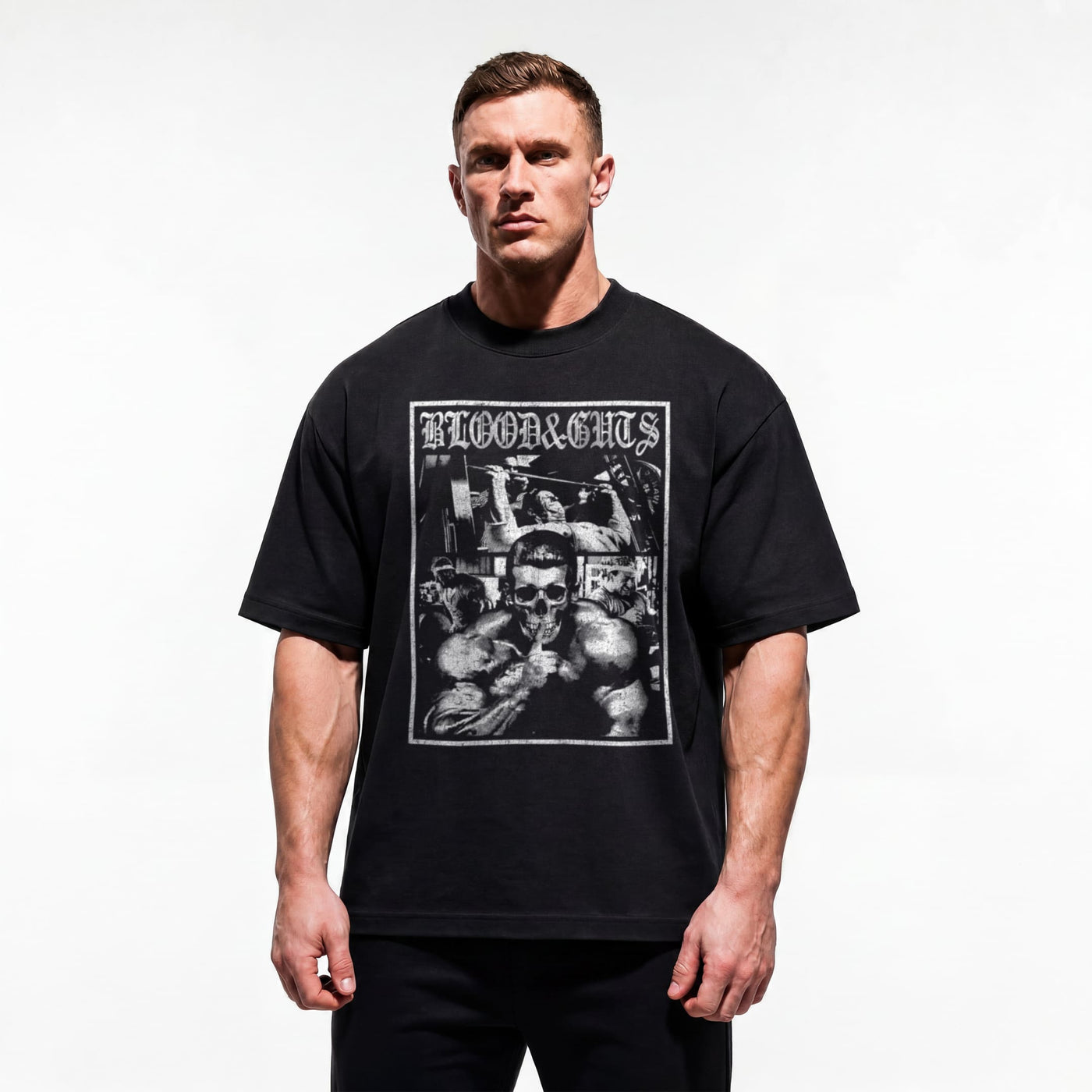 Model wearing Blood and Guts bodybuilding oversized t-shirt featuring Dorian Yates showing relaxed drop-shoulder fit