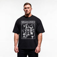 Model wearing Blood and Guts bodybuilding oversized t-shirt featuring Dorian Yates showing relaxed drop-shoulder fit