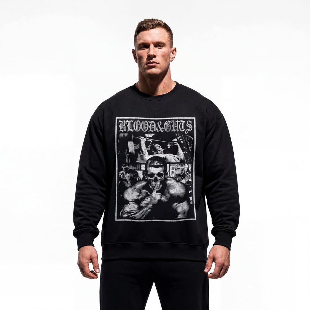 Model wearing Dorian Yates Blood and Guts bodybuilding pump cover crewneck showing relaxed oversized fit