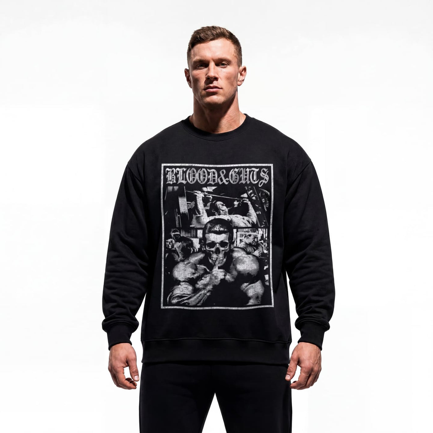 Model wearing Dorian Yates Blood and Guts bodybuilding pump cover crewneck showing relaxed oversized fit