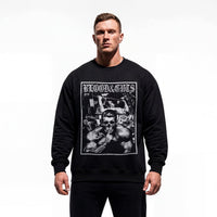 Model wearing Dorian Yates Blood and Guts bodybuilding pump cover crewneck showing relaxed oversized fit