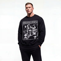 Model wearing Dorian Yates Blood and Guts bodybuilding pump cover crewneck showing front graphic print