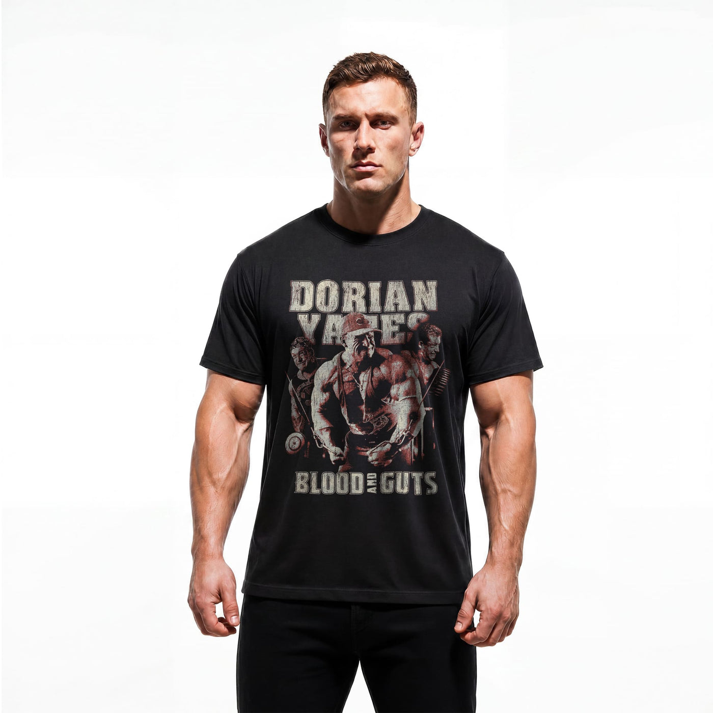 Model wearing Most Natty Blood and Guts bodybuilding t-shirt showing relaxed classic fit