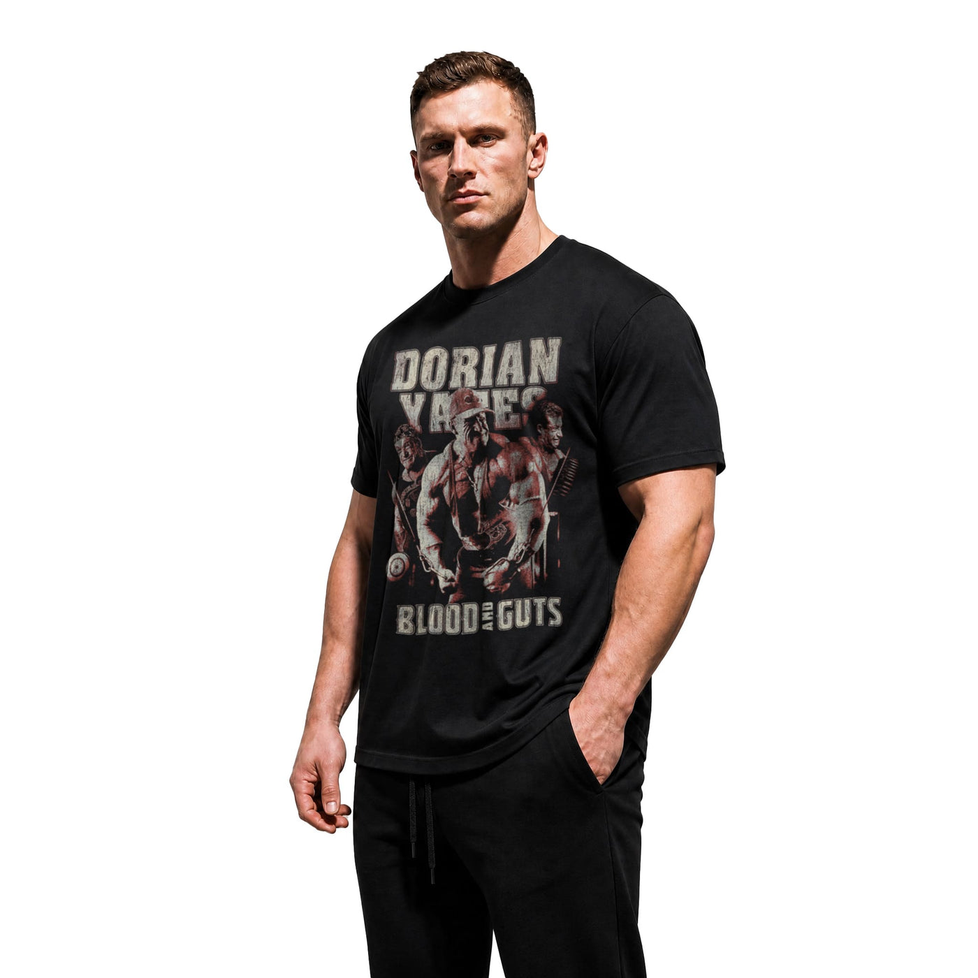 Model wearing Dorian Yates Blood and Guts bodybuilding t-shirt showing front graphic print
