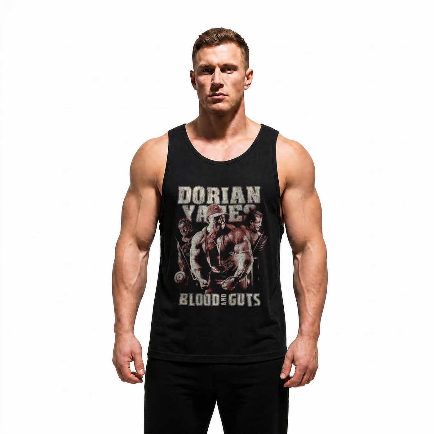 Model wearing Most Natty Blood and Guts bodybuilding tank top showing relaxed standard fit