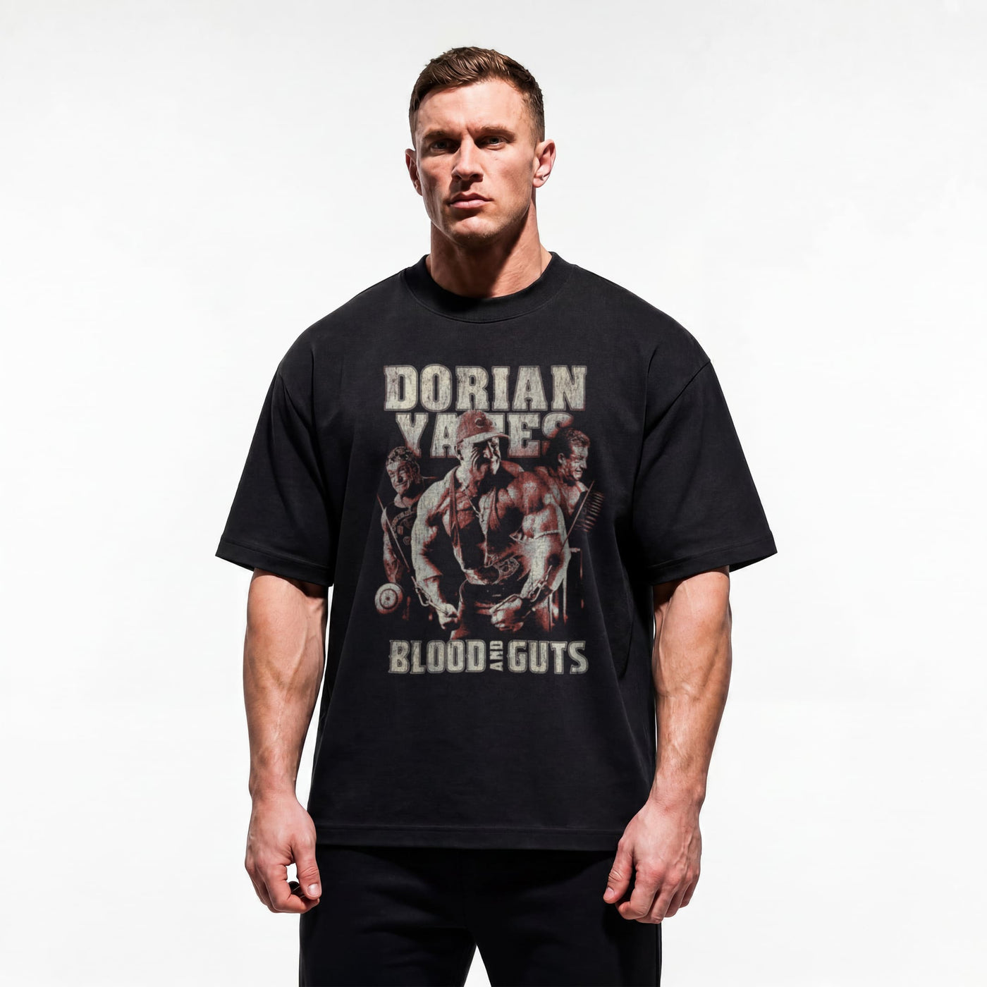Model wearing Most Natty Blood and Guts bodybuilding oversized t-shirt showing relaxed drop-shoulder fit