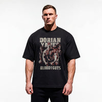Model wearing Most Natty Blood and Guts bodybuilding oversized t-shirt showing relaxed drop-shoulder fit
