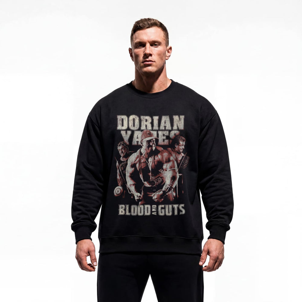 Model wearing Dorian Yates Blood and Guts bodybuilding pump cover crewneck showing relaxed fit