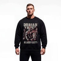 Model wearing Dorian Yates Blood and Guts bodybuilding pump cover crewneck showing relaxed fit