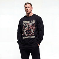 Model wearing Dorian Yates Blood and Guts bodybuilding pump cover crewneck showing front graphic print