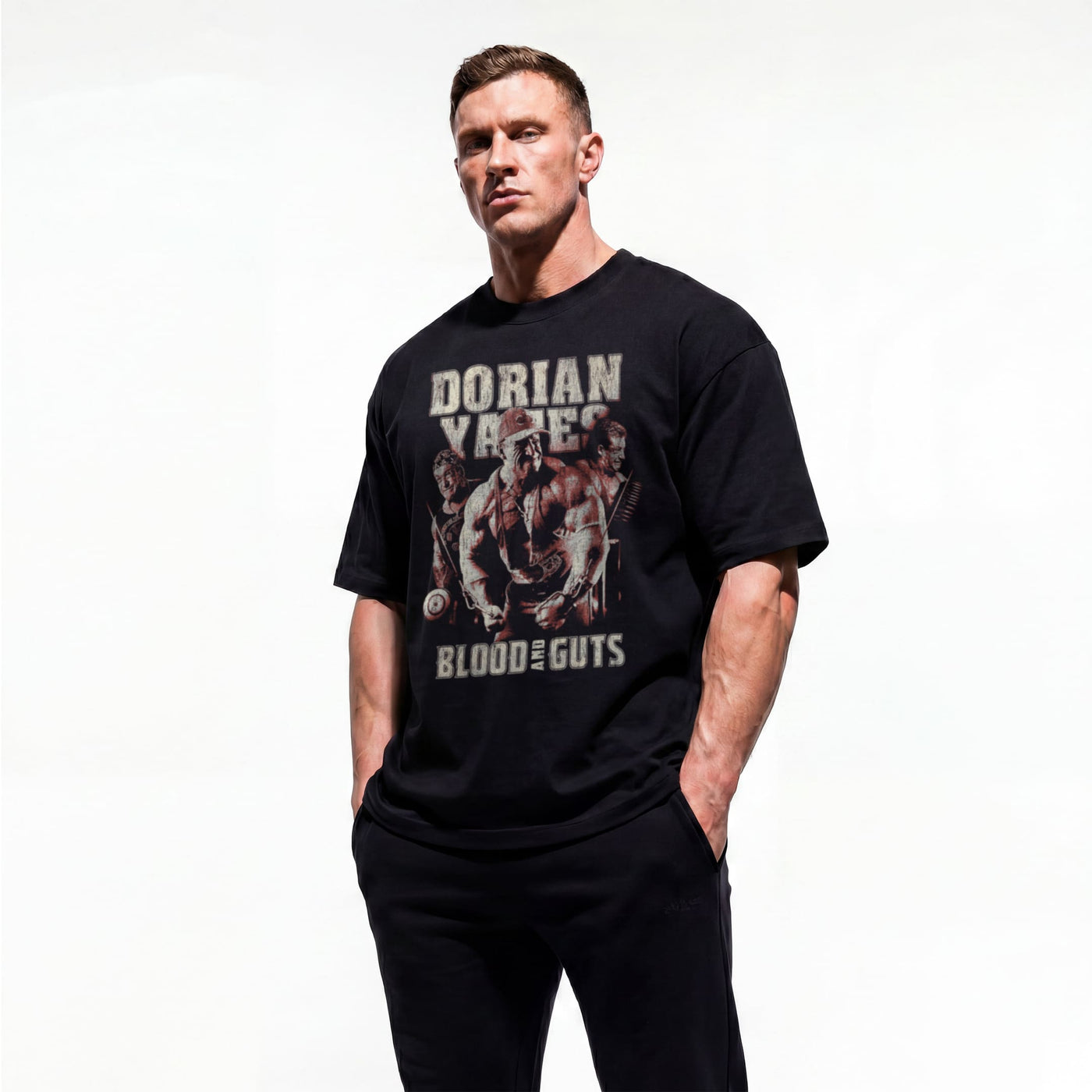 Model wearing Most Natty Blood and Guts bodybuilding oversized t-shirt showing front graphic print
